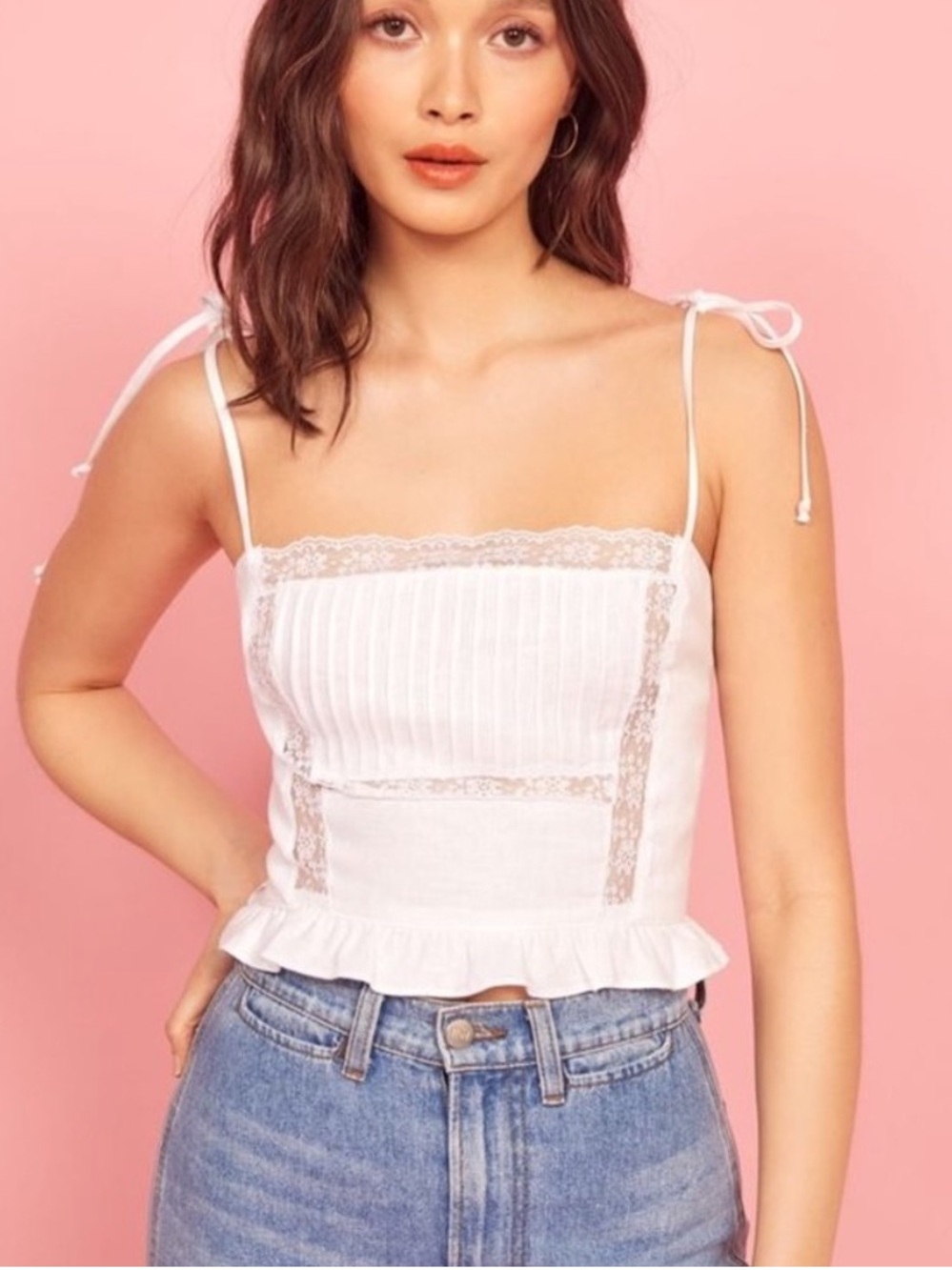 Reformation‎ || Mason Tie Shoulder Top Tank Linen Lace Inset White 2
